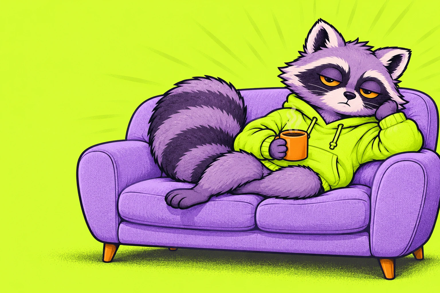 Sleepy lilac raccoon in a lime hoodie lounging on a sofa with coffee