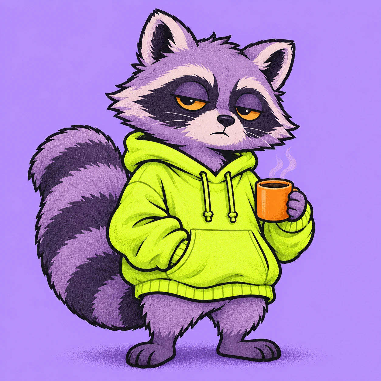 Yawnzo the sleepy lilac raccoon with an orange coffee cup